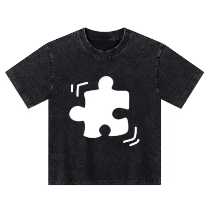 Tokyo-Tiger Black Puzzle Piece Kids Washed T-Shirt