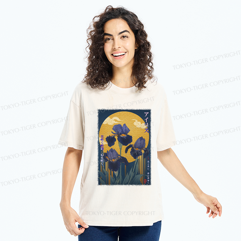Tokyo-Tiger Japan Ukiyoe Luan Tail Flower Poster Washed T-Shirt