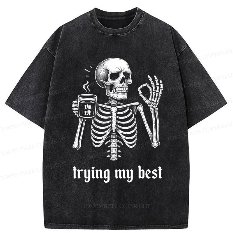 Tokyo-Tiger Skull Trying His Best  Washed T-Shirt