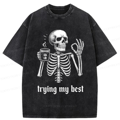 Tokyo-Tiger Skull Trying His Best  Washed T-Shirt