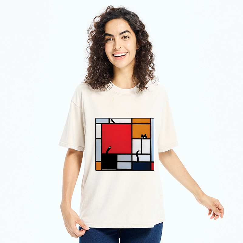 Tokyo-Tiger Geometric Cat Hide And Seek Washed T-Shirt