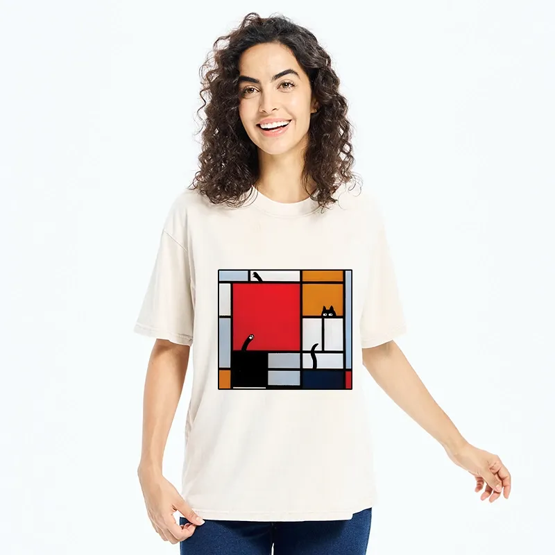 Tokyo-Tiger Geometric Cat Hide And Seek Washed T-Shirt