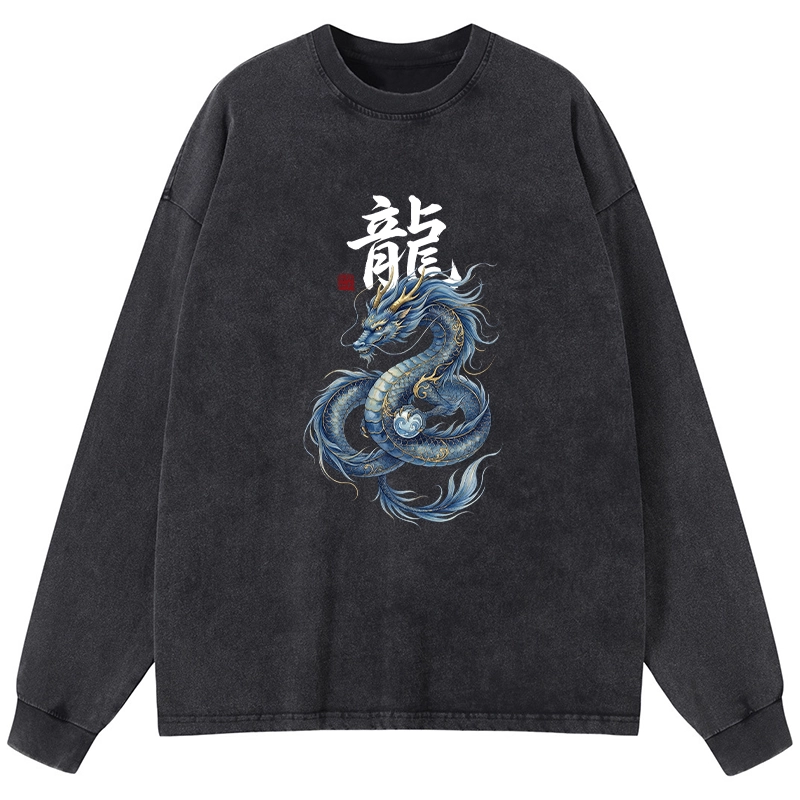 Tokyo-Tiger Mythic Blue Dragon Washed Long Sleeve T-Shirt