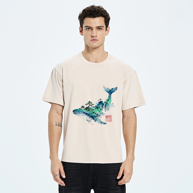 Tokyo-Tiger Whale Ink Painting Landscape Washed T-Shirt