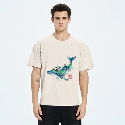 Tokyo-Tiger Whale Ink Painting Landscape Washed T-Shirt