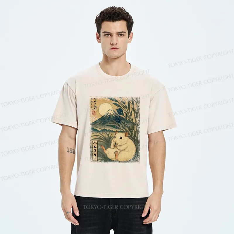 Tokyo-Tiger Funny Hamster Mount Fuji Flower meme Washed T-Shirt