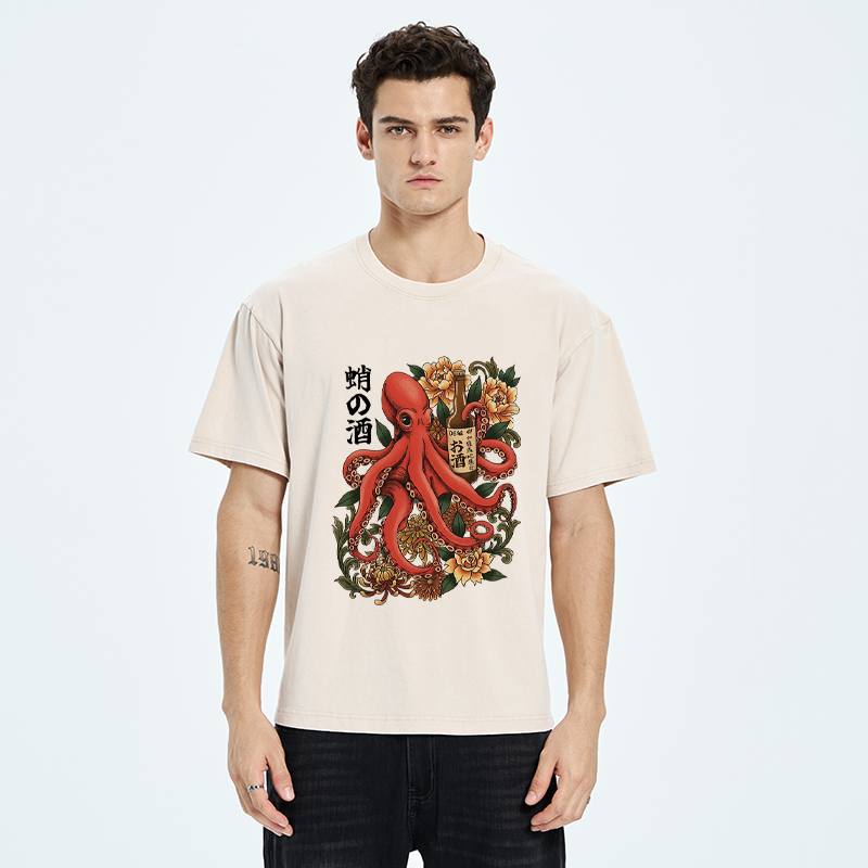 Tokyo-Tiger Octopus with Sake Bottle Washed T-Shirt