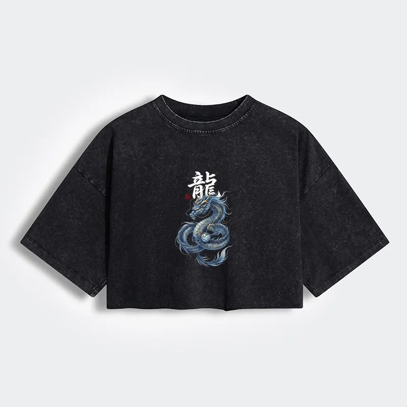 Tokyo-Tiger Mythic Blue Dragon Women's Washed Crop T-Shirt