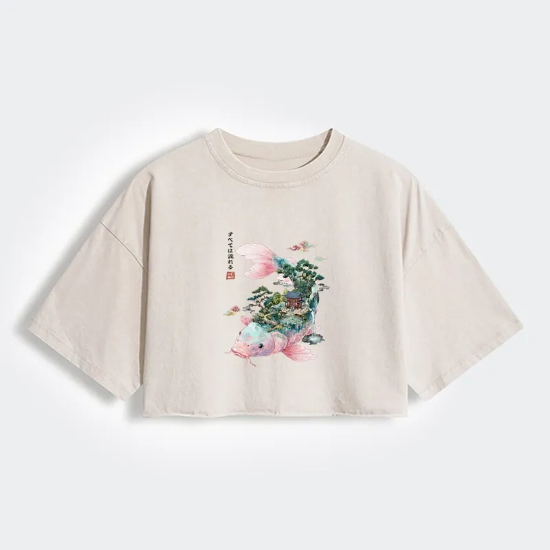 Tokyo-Tiger Journey Of The Flowing Koi Women's Washed Crop T-Shirt