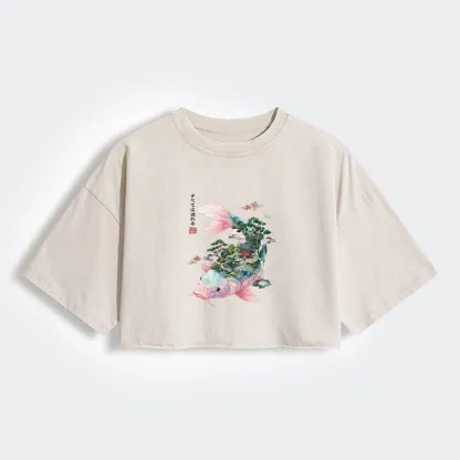 Tokyo-Tiger Journey Of The Flowing Koi Women's Washed Crop T-Shirt