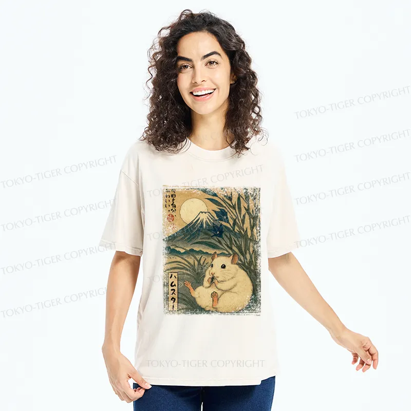 Tokyo-Tiger Funny Hamster Mount Fuji Flower meme Washed T-Shirt