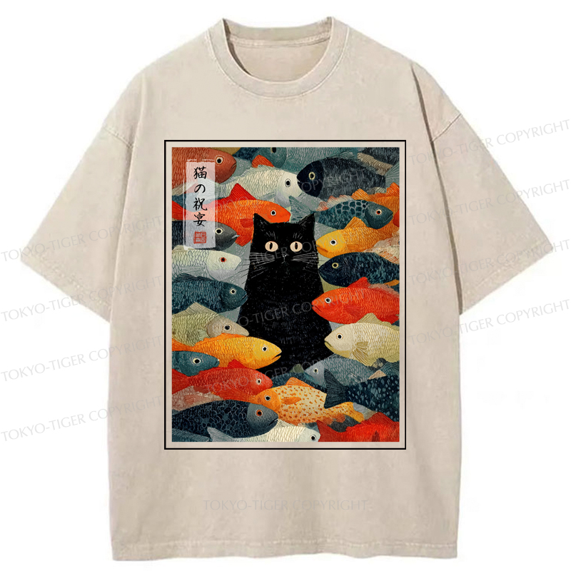 Tokyo-Tiger The Cat's Feast of Fish Washed T-Shirt