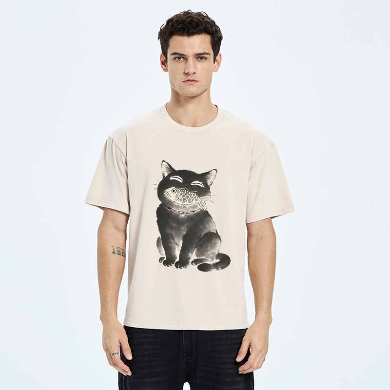Tokyo-Tiger Black Cat Delightful Feast Washed T-Shirt