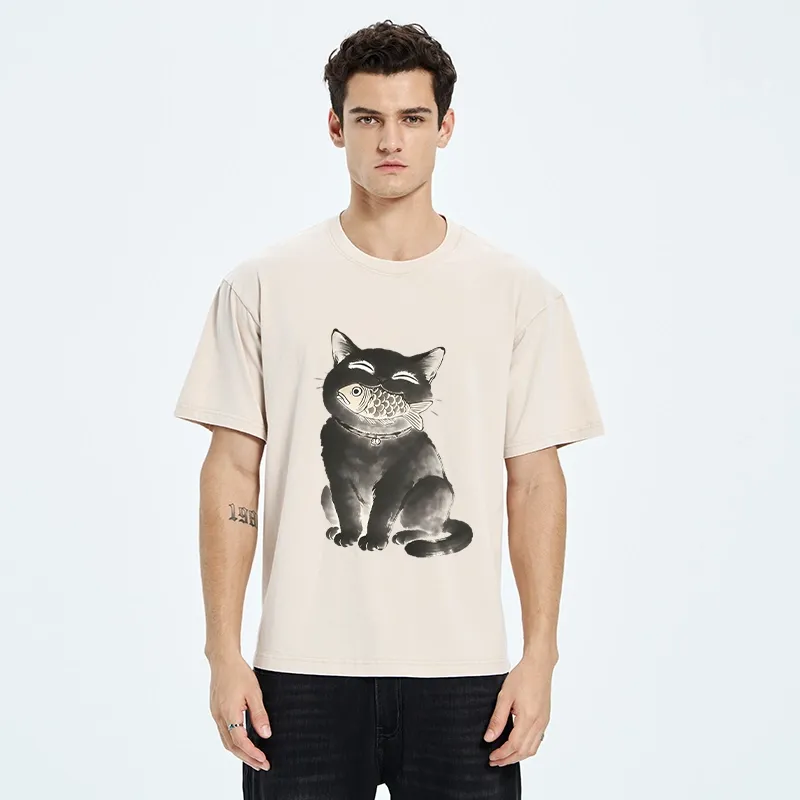 Tokyo-Tiger Black Cat Delightful Feast Washed T-Shirt