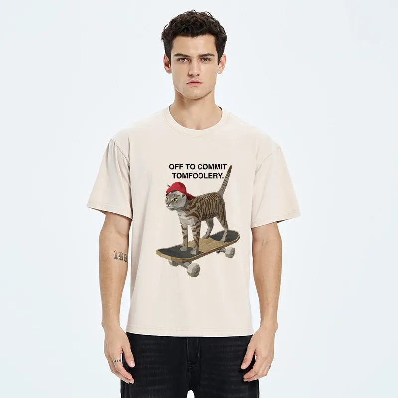 Tokyo-Tiger Skateboarding Cat Funny Meme Washed T-Shirt
