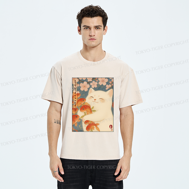 Tokyo-Tiger Funny Ukiyoe Cat and Fish Flower Washed T-Shirt