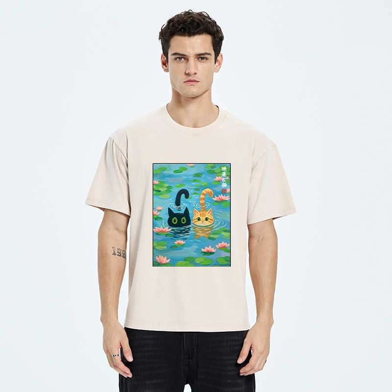 Tokyo-Tiger Cats In The Lotus Pond Washed T-Shirt