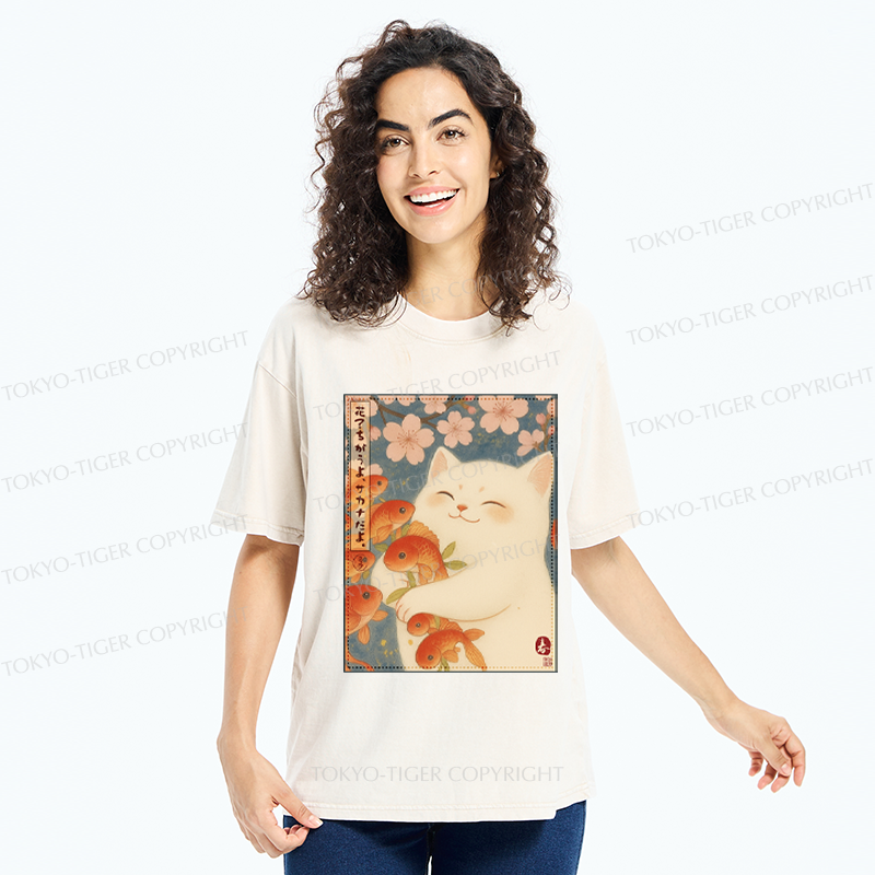 Tokyo-Tiger Funny Ukiyoe Cat and Fish Flower Washed T-Shirt