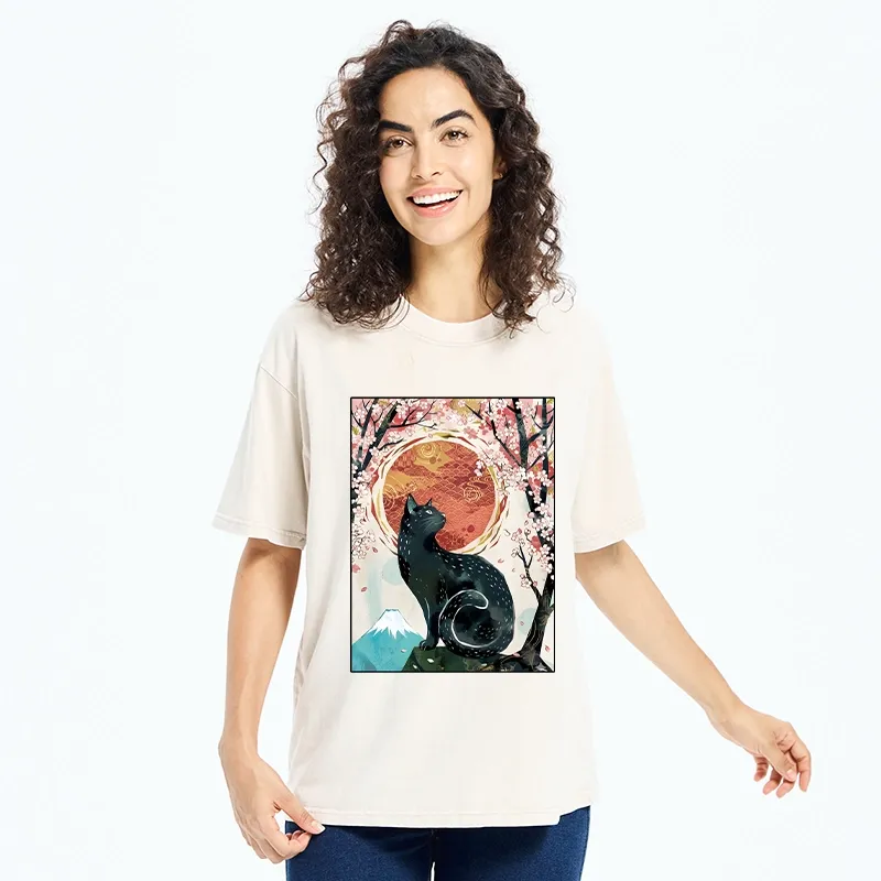 Tokyo-Tiger Black Cat Sakura Washed T-Shirt
