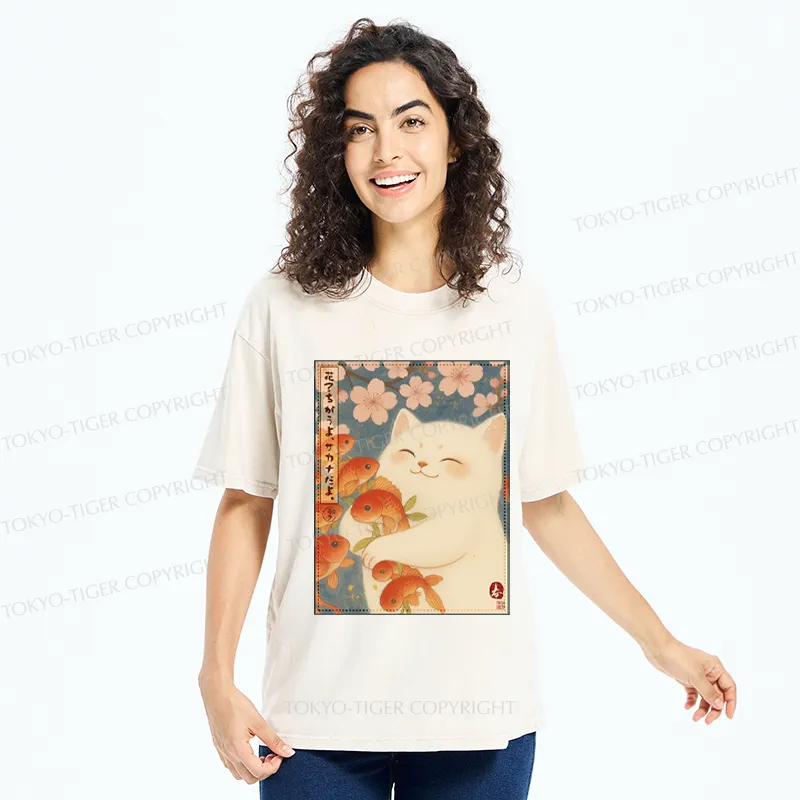 Tokyo-Tiger Funny Ukiyoe Cat and Fish Flower Washed T-Shirt