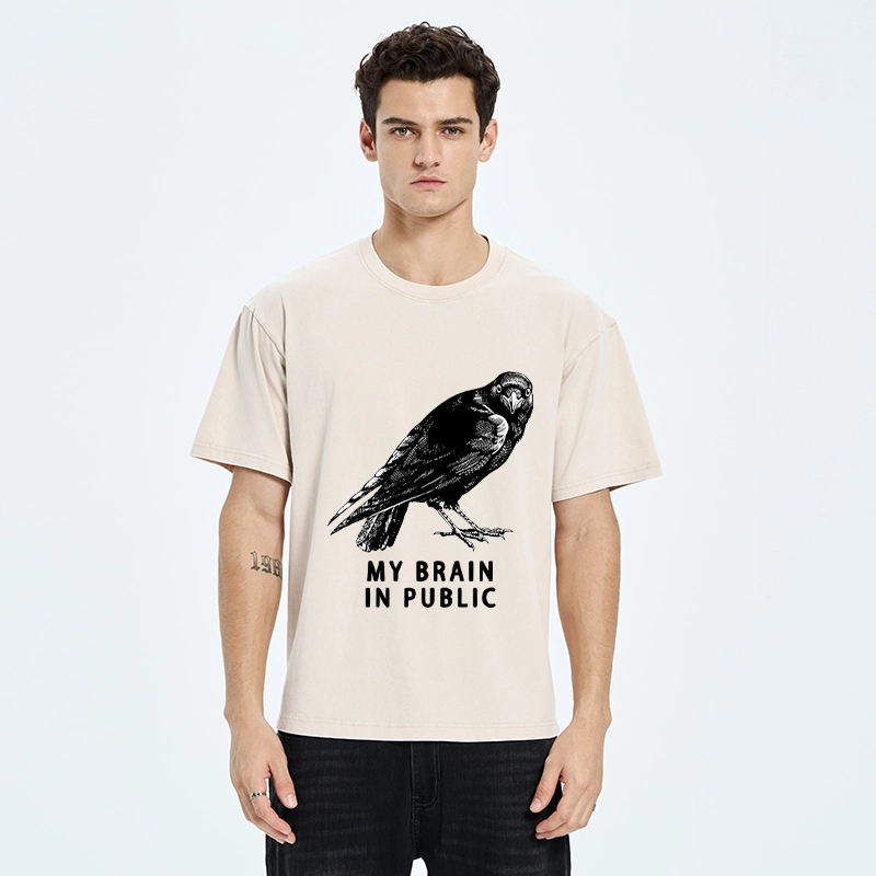 Tokyo-Tiger Black Crow Public Brain Funny Art Washed T-Shirt