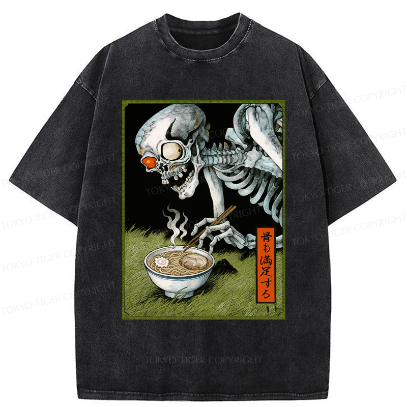 Tokyo-Tiger Ukiyo-e Skeleton Eating Ramen Washed T-Shirt