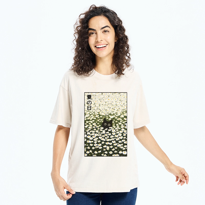 Tokyo-Tiger Summer Day Daisies Black Cat Washed T-Shirt