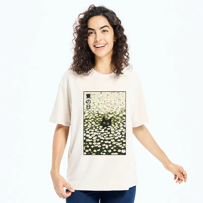 Tokyo-Tiger Summer Day Daisies Black Cat Washed T-Shirt