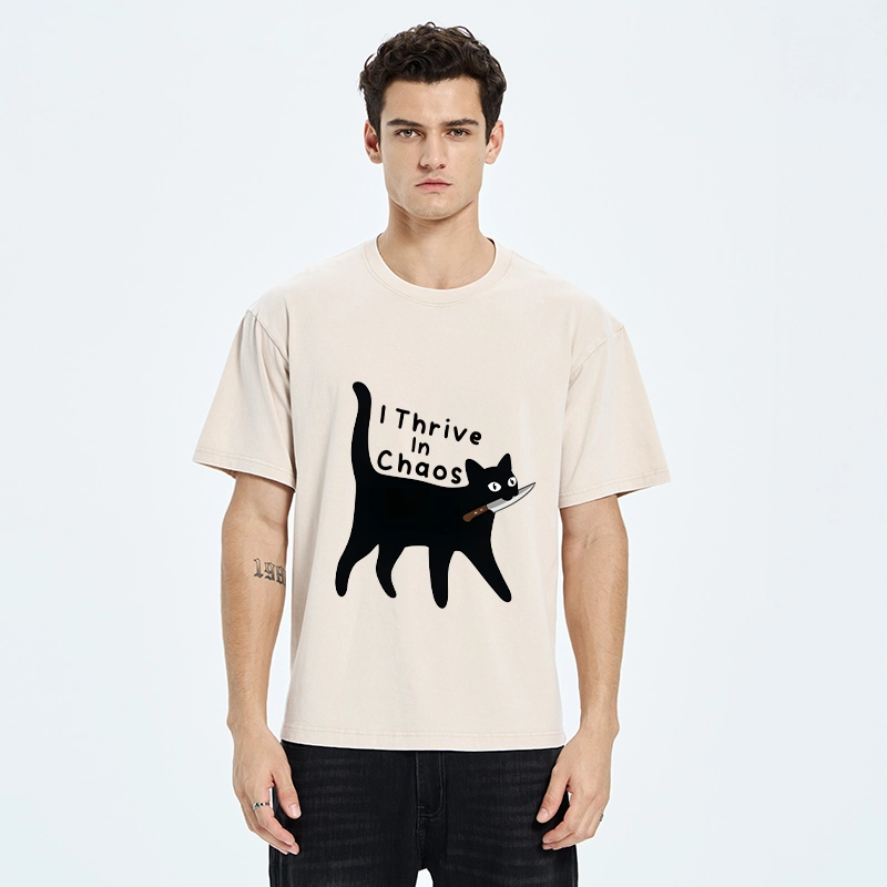 Tokyo-Tiger Chaotic Black Cat With Knife Washed T-Shirt