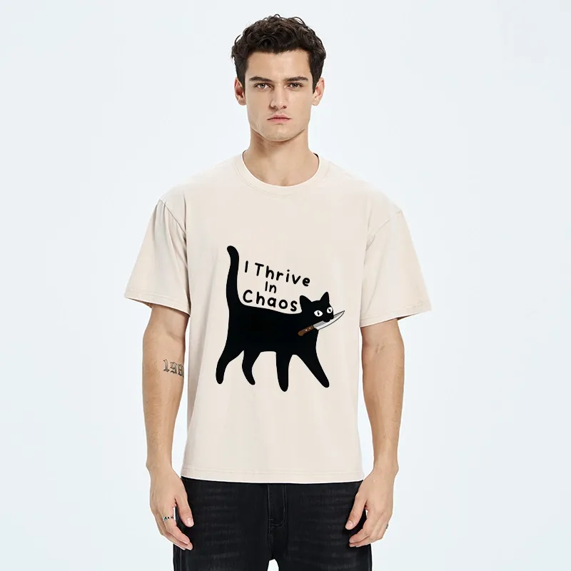 Tokyo-Tiger Chaotic Black Cat With Knife Washed T-Shirt