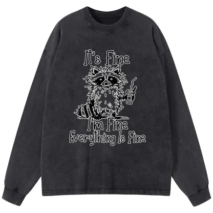 Tokyo-Tiger Raccoon Fine Meme Washed Long Sleeve T-Shirt