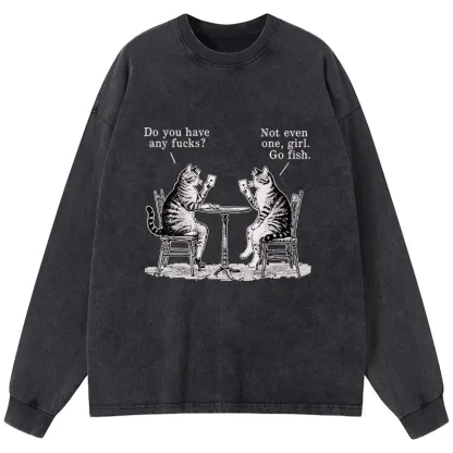 Tokyo-Tiger Cat Poker Night Washed Long Sleeve T-Shirt