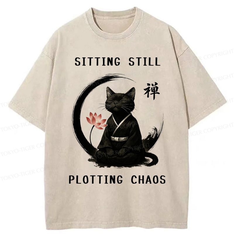Tokyo-Tiger Sitting still plotting chaos Calming Zen Cat Funny Washed T-Shirt