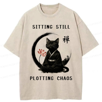 Tokyo-Tiger Sitting still  plotting chaos Calming Zen Cat Funny Washed T-Shirt