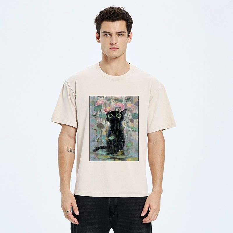 Tokyo-Tiger Black Cat In The Lotus Pond Washed T-Shirt