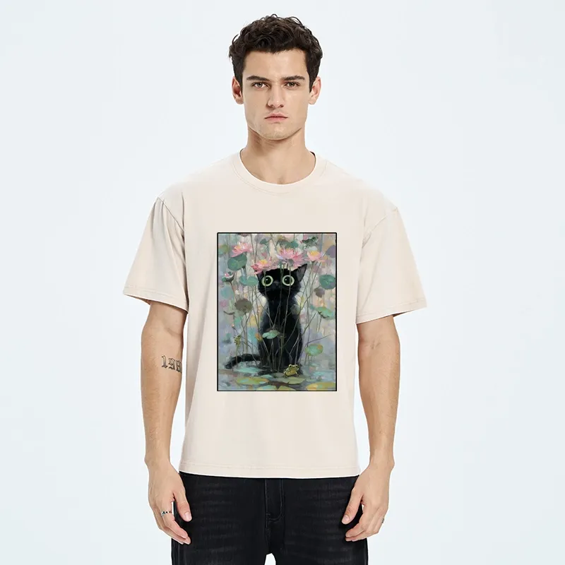 Tokyo-Tiger Black Cat In The Lotus Pond Washed T-Shirt