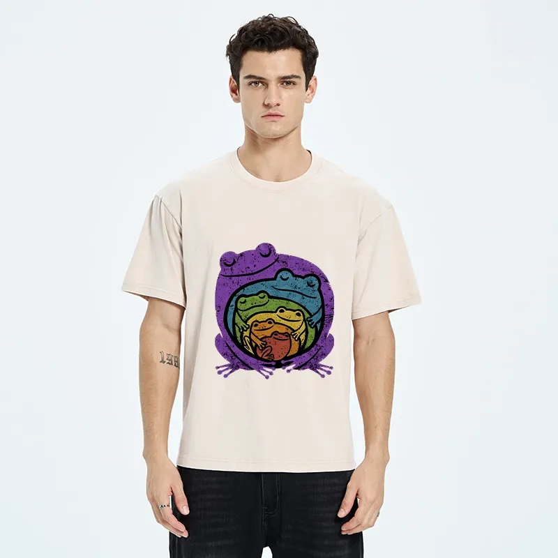 Tokyo-Tiger Rainbow Frogs Hugging Washed T-Shirt