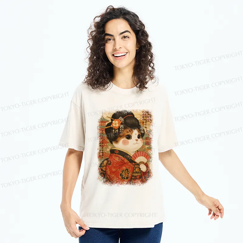 Tokyo-Tiger Ukiyoe Japanese Cat Princess Washed T-Shirt