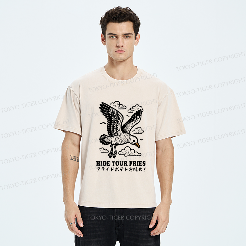 Tokyo-Tiger Funny Seagulls Stealing French Fries Washed T-Shirt