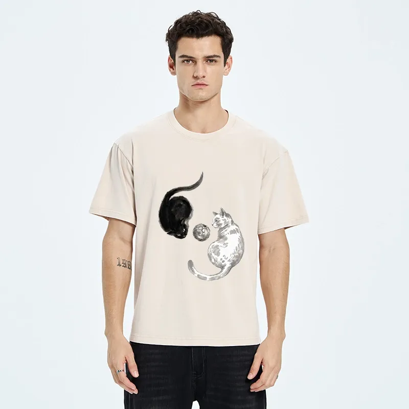 Tokyo-Tiger Cool Yin Yang Cat Art Washed T-Shirt
