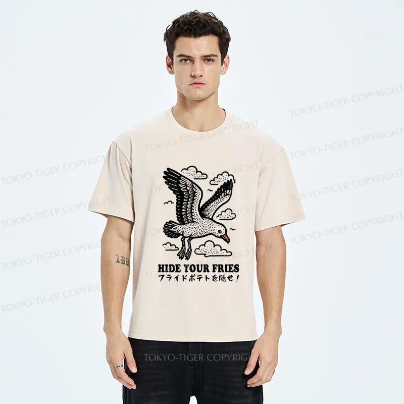 Tokyo-Tiger Funny Seagulls Stealing French Fries Washed T-Shirt