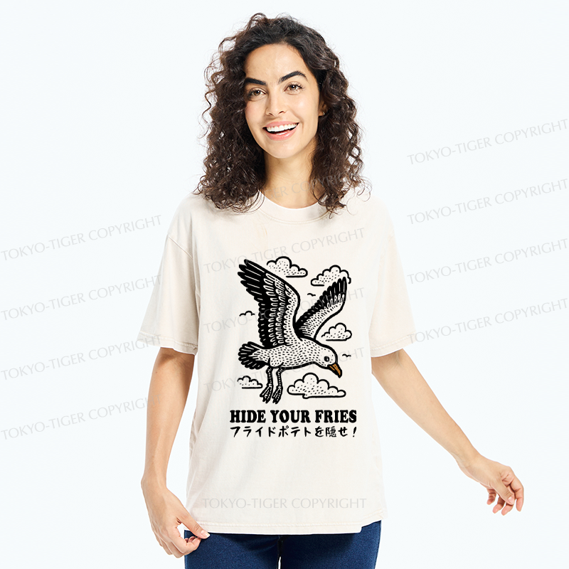 Tokyo-Tiger Funny Seagulls Stealing French Fries Washed T-Shirt