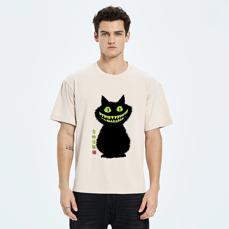 Tokyo-Tiger Spooky Black Cat With Green Teeth Washed T-Shirt