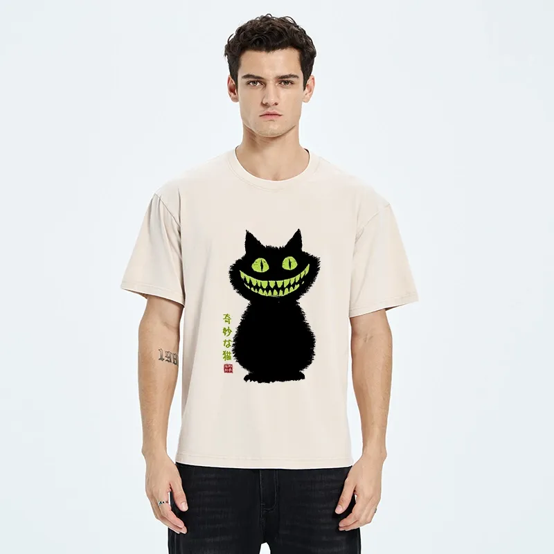 Tokyo-Tiger Spooky Black Cat With Green Teeth Washed T-Shirt