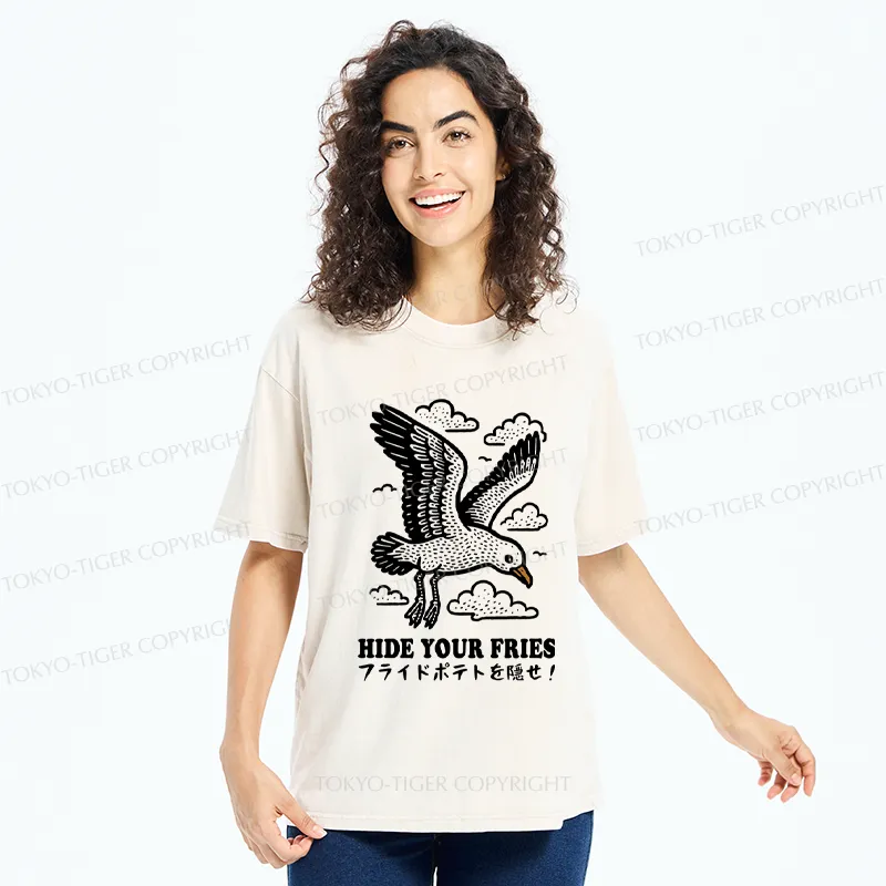 Tokyo-Tiger Funny Seagulls Stealing French Fries Washed T-Shirt