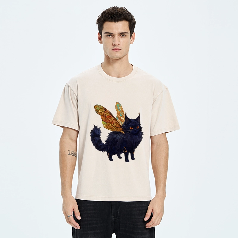 Tokyo-Tiger Funny Fairy Black Cat Art Washed T-Shirt