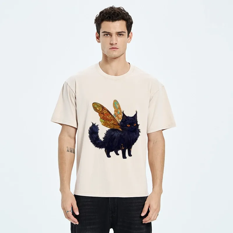 Tokyo-Tiger Funny Fairy Black Cat Art Washed T-Shirt