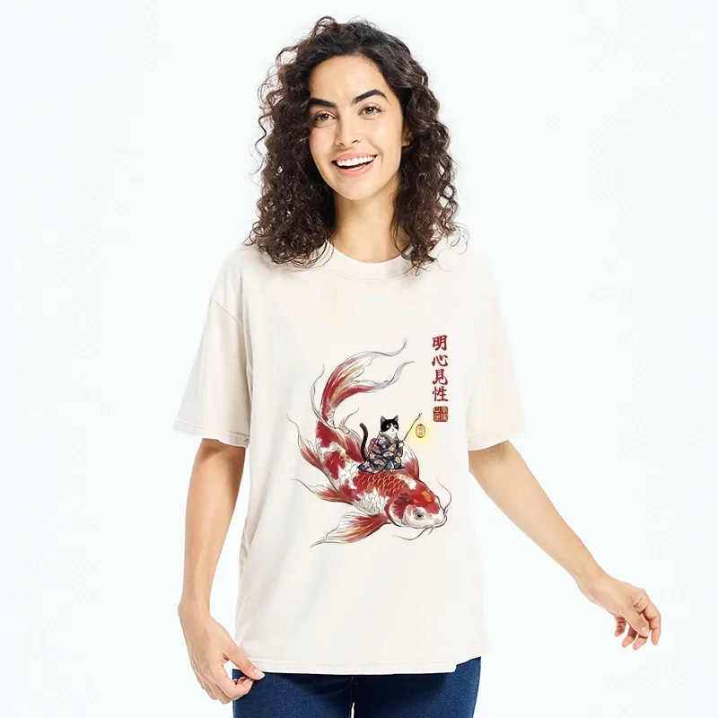 Tokyo-Tiger Cute Kimono Cat On Koi Fish Washed T-Shirt