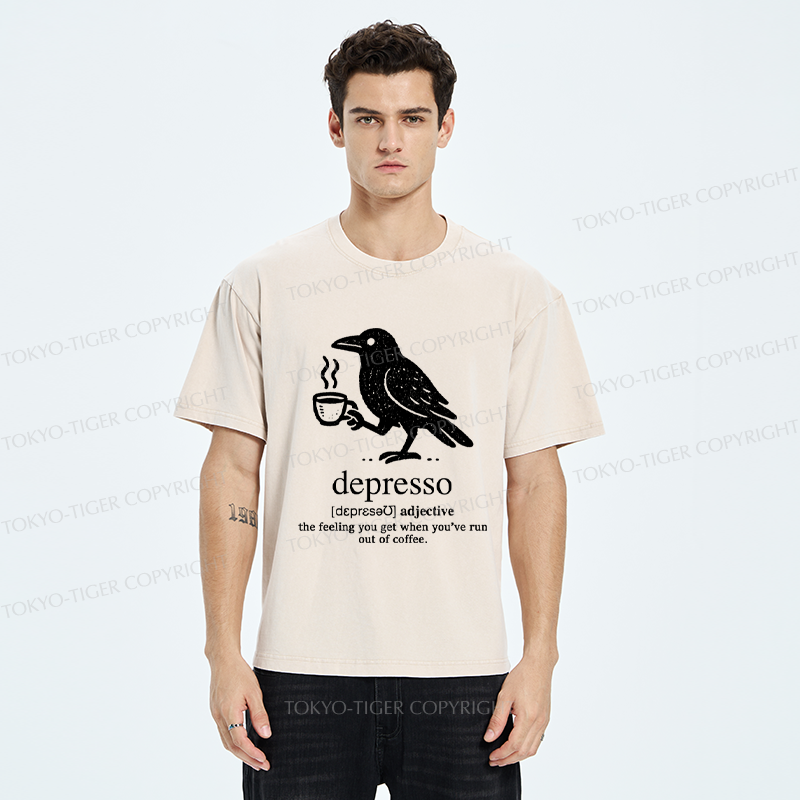 Tokyo-Tiger Funny  Crow Coffee Depresso Woodblock Washed T-Shirt