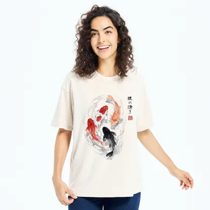 Tokyo-Tiger Koi Fish Flow In Traditional Ink Style Washed T-Shirt